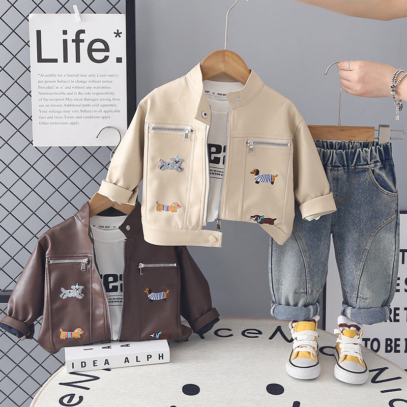 Boys PU Leather Jacket Three-Piece